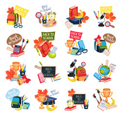 School Supplies Composition with Back to School Inscription Big Vector Set