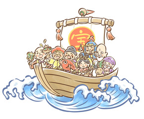 宝船に乗った七福神の手描きイラスト