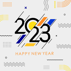 happy new year 2023 covered with a modern geometric abstract background in retro style. happy new year greeting card banner design for 2023 calligraphy includes colorful shapes. Vector illustration