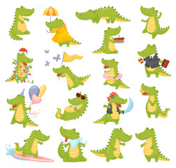 Naklejka premium Crocodile Cute Character Engaged in Different Activity Big Vector Set