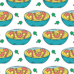 Asian food seamless pattern. Background egg udon noodles with shrimps. Grocery print for textile, packaging, paper and design vector illustration