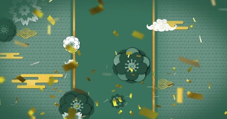 Animation of chinese traditional decorations and confetti on green background