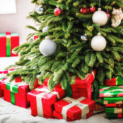 Naklejka na ściany i meble Christmas tree with presents and gifts created with Generative AI 