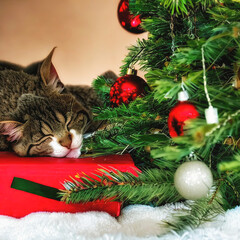 Christmas cat sleeping on presents near the Christmas tree created with Generative AI	 - 552307817