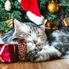 Christmas cat sleeping on presents near the Christmas tree created with Generative AI	 - 552307825