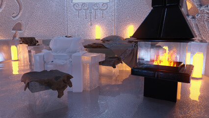 Schlafzimmer in einem Eishotel mit Beleuchtung und Kaminheizung