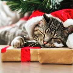 Christmas cat sleeping on presents near the Christmas tree created with Generative AI	 - 552307836