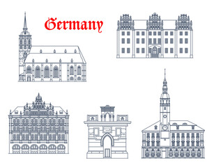 Germany, Bautzen and Gorlitz architecture buildings, vector travel landmarks. German Saxony buildings of St Peter cathedral, Ortenburg castle, Rathaus City Hall and Holy Sepulchre or Grave monument