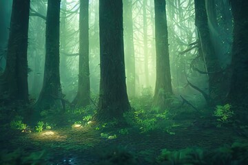 Amazing forest, panorama of trees on a sunny summer day. Centuries-old thick tree trunks. Morning fog. 3d illustration, AI