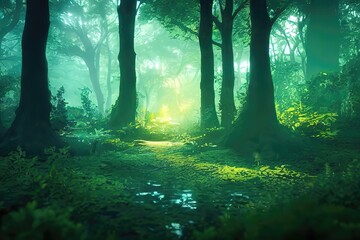 Obraz premium Amazing forest, panorama of trees on a sunny summer day. Centuries-old thick tree trunks. Morning fog. 3d illustration, AI