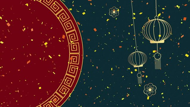 Animation of chinese traditional decorations and confetti on dark background