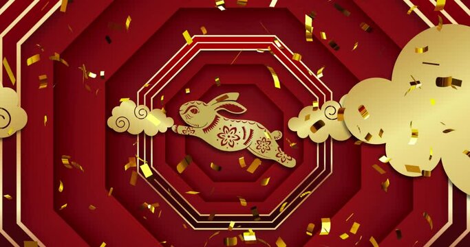 Animation of chinese traditional decorations with rabbit and confetti on red background
