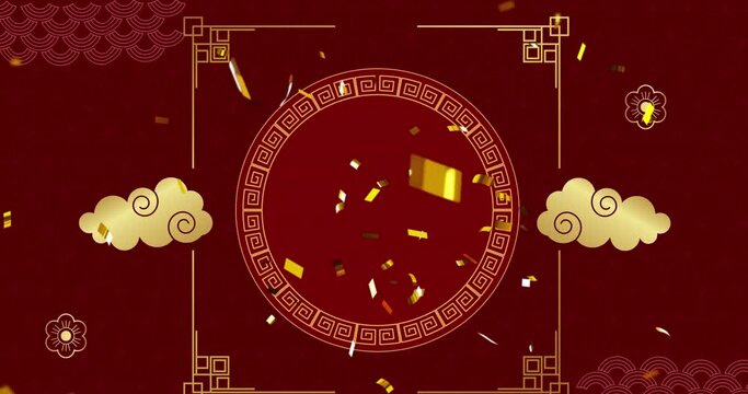 Animation of chinese traditional decorations and confetti on red background