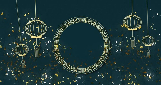 Animation of chinese traditional decorations with confetti on dark background