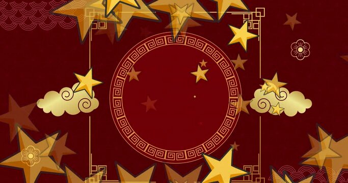 Animation of chinese traditional decorations with stars on red background
