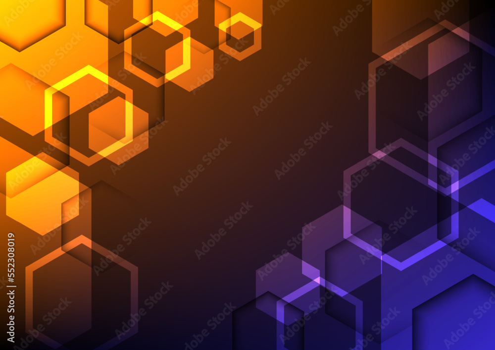 Poster technology abstract bright overlapping hexagons on a gradient background. orange and blue