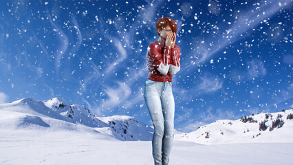 Junges Mädchen in Winterkleidung steht zittern im Schneegestöber