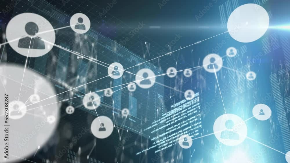 Poster animation of network of connections with icons and data processing over computer servers