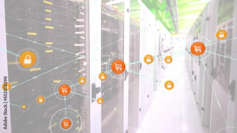 Poster animation of network of connections with icons and data processing over computer servers