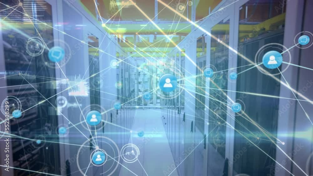 Poster animation of network of connections with icons and data processing over computer servers