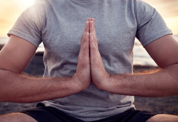 Prayer, hands or praying in yoga meditation exercise or body training with peace, gratitude or...