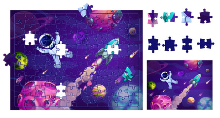 Fototapeta na wymiar Cartoon galaxy landscape and astronaut in outer space jigsaw puzzle game pieces. Funny spaceman, spaceship or rocket floating in space of alien universe, planets, asteroids and comets with puzzle grid