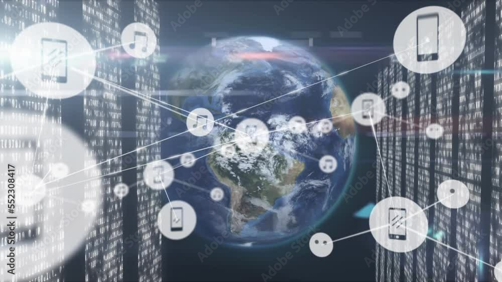Poster animation of globe, network of connections with icons over computer servers