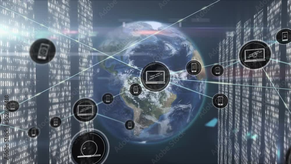 Poster animation of globe, network of connections with icons over computer servers
