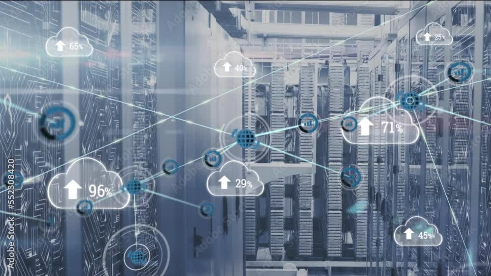 Poster animation of clouds, network of connections with icons over computer servers