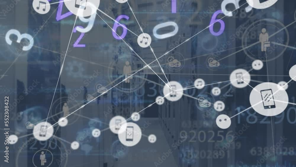 Poster animation of network of connections with icons over computer servers