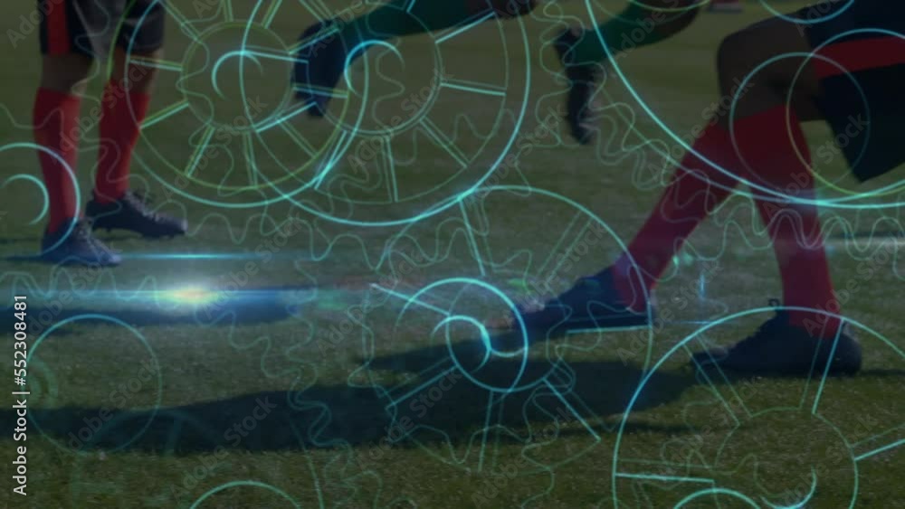 Poster animation of cogs and data processing over football players