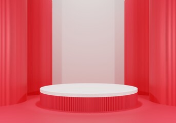 Red cylindrical podium on white and red background for product display, exhibition, perfume, promotion, cosmetics. 3D rendering.