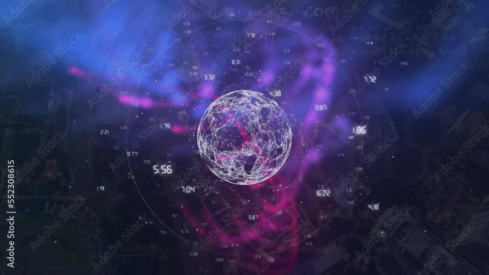 Aufkleber animation of globe in circle, numbers and abstract pattern over aerial view of city