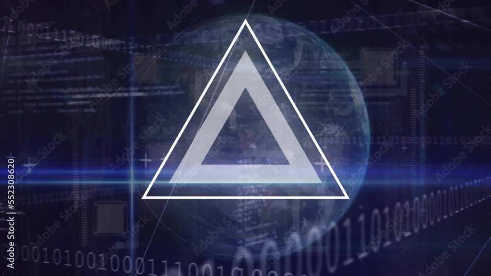 Poster animation of shapes, binary codes, computer language and connected dots over globe in background