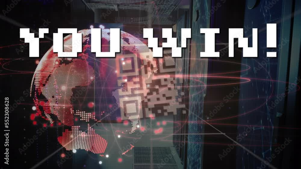 Poster animation of you win text, qr codes over globe and connected dots against abstract background