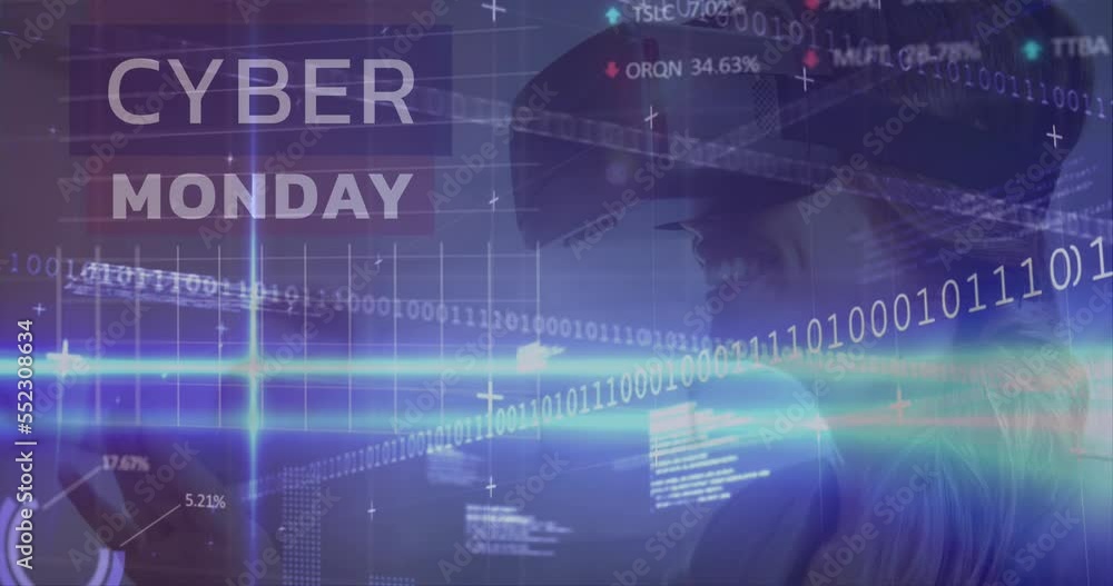 Aufkleber animation of cyber monday text, binary coding, data processing over woman wearing vr headset