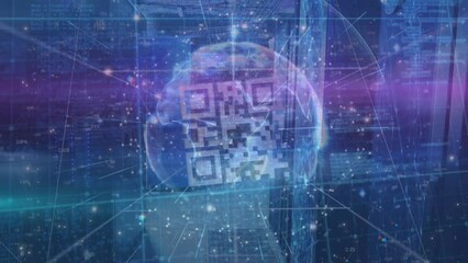Animation of qr code in globe, connected dots and programming language on abstract background - Powered by Adobe