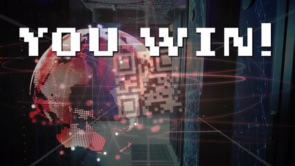 Animation of you win text, qr codes over globe and connected dots against abstract background - Powered by Adobe