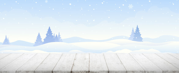 wood table top and Vector illustration of a winter morning landscape, light blue panoramic banner