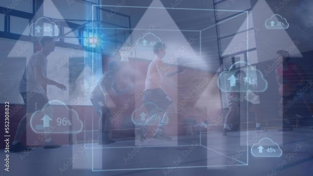 Poster animation of clouds, arrows and data processing over basketball game