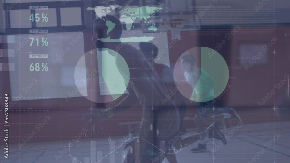 Poster animation of statistics and data processing over basketball game