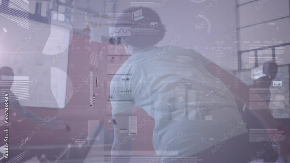 Poster animation of statistics and data processing over basketball game