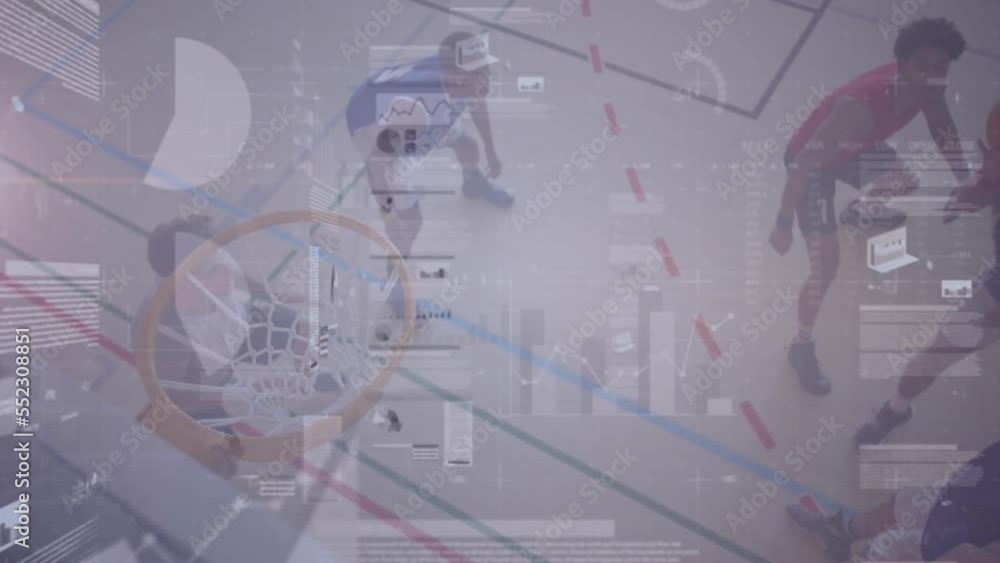 Poster animation of statistics and data processing over basketball game