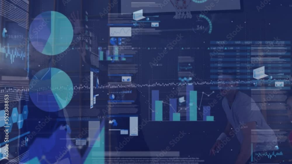 Poster animation of statistics and data processing over basketball game
