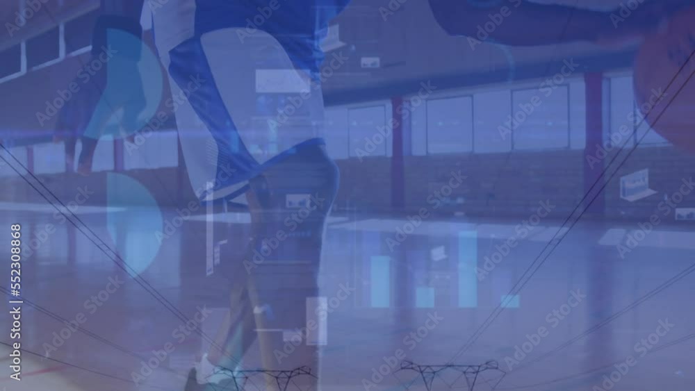 Poster animation of statistics and data processing over basketball game