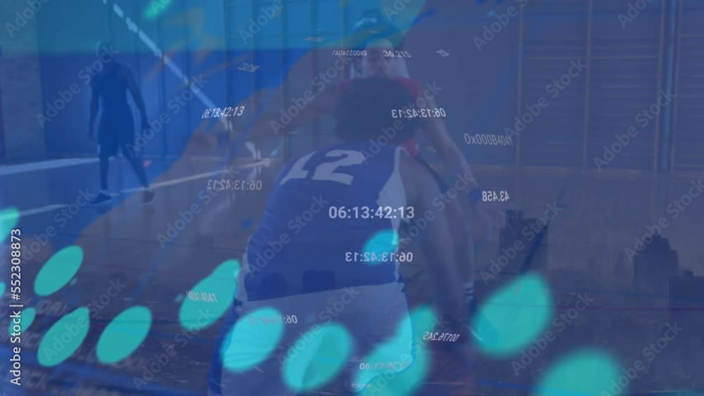 Poster animation of dots and data processing over basketball game