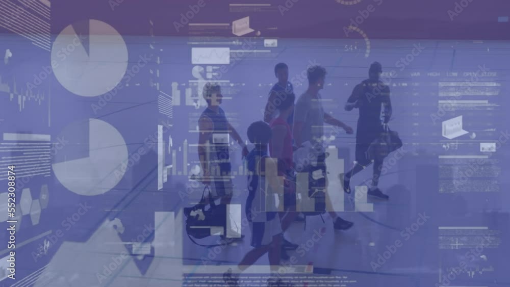 Poster animation of statistics and data processing over basketball game