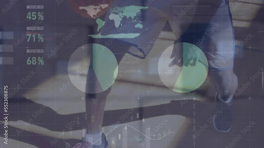 Poster animation of statistics and data processing over basketball game