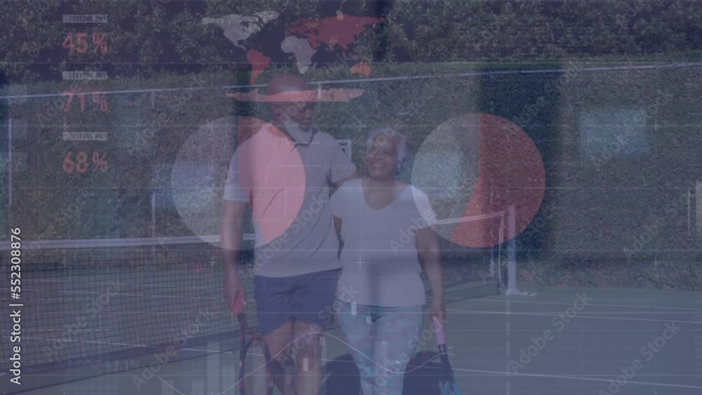 Poster animation of statistics and data processing over senior couple
