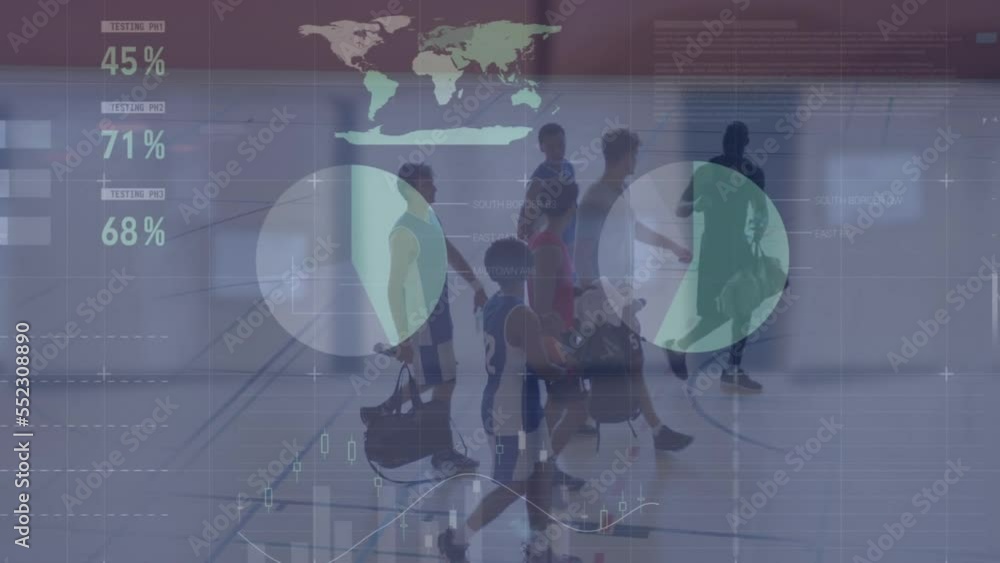 Poster animation of statistics and data processing over basketball game